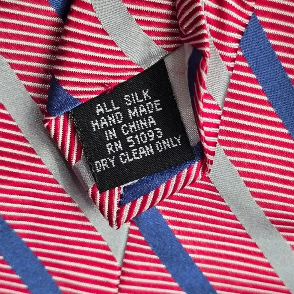 Stafford Red Blue Silver Stripe Repp Geometric 100% Silk Men's Neck‎ Tie NWOT